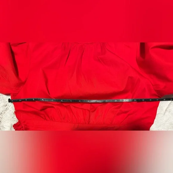 Free Assembly Red Cotton Bow Wrap Around Tie Midi Dress with Puff Sleeves - Picture 13 of 14